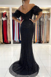 Black Evening Dresses in Long Glitter | Prom Evening Dresses with sleeves